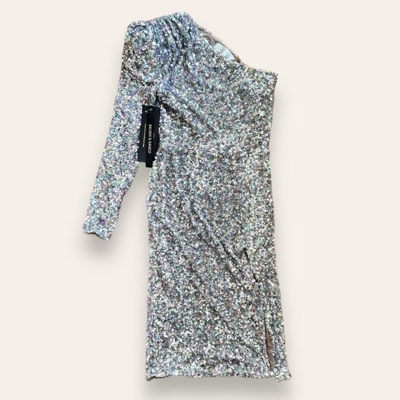 NWT Bronx and Banco Galaxy Silver Midi Dress One Shoulder Small (4 US) Women’s - Picture 2 of 11